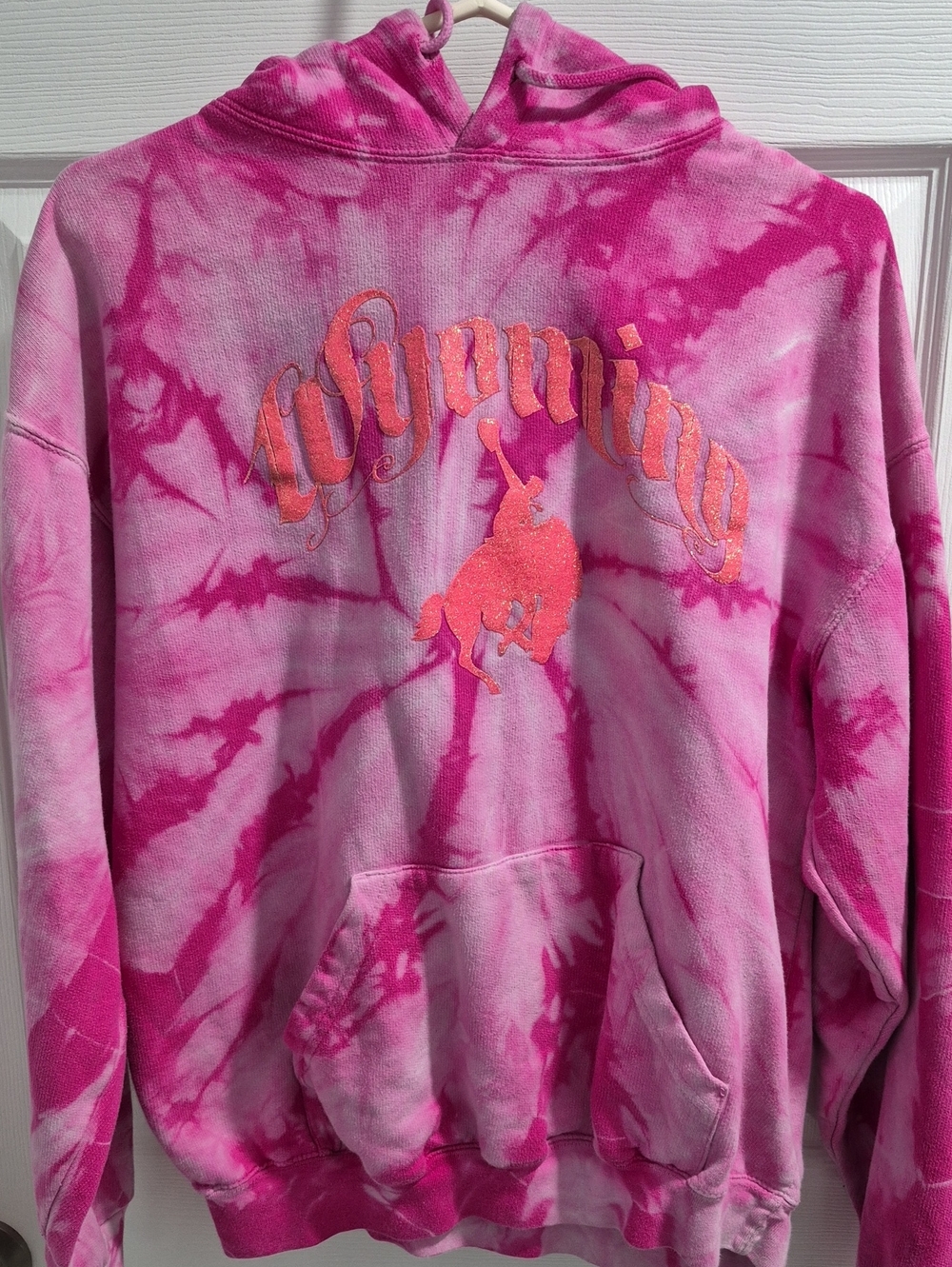 Women's Pink Tie-Dye Pullover Hoodie with Embroidered Graphic